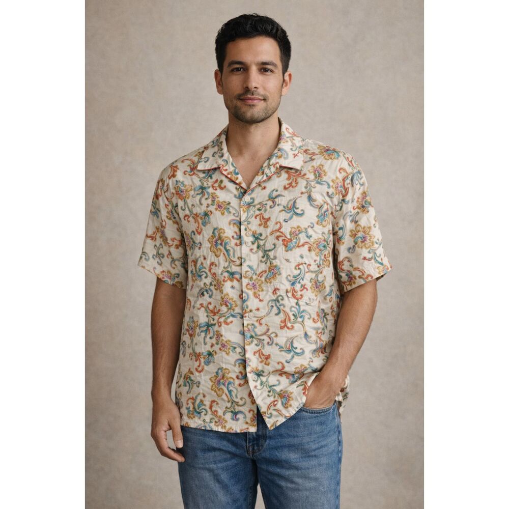 Vintage STUNT Collections 100% Silk Button Up Shirt Size L Floral Scroll Print